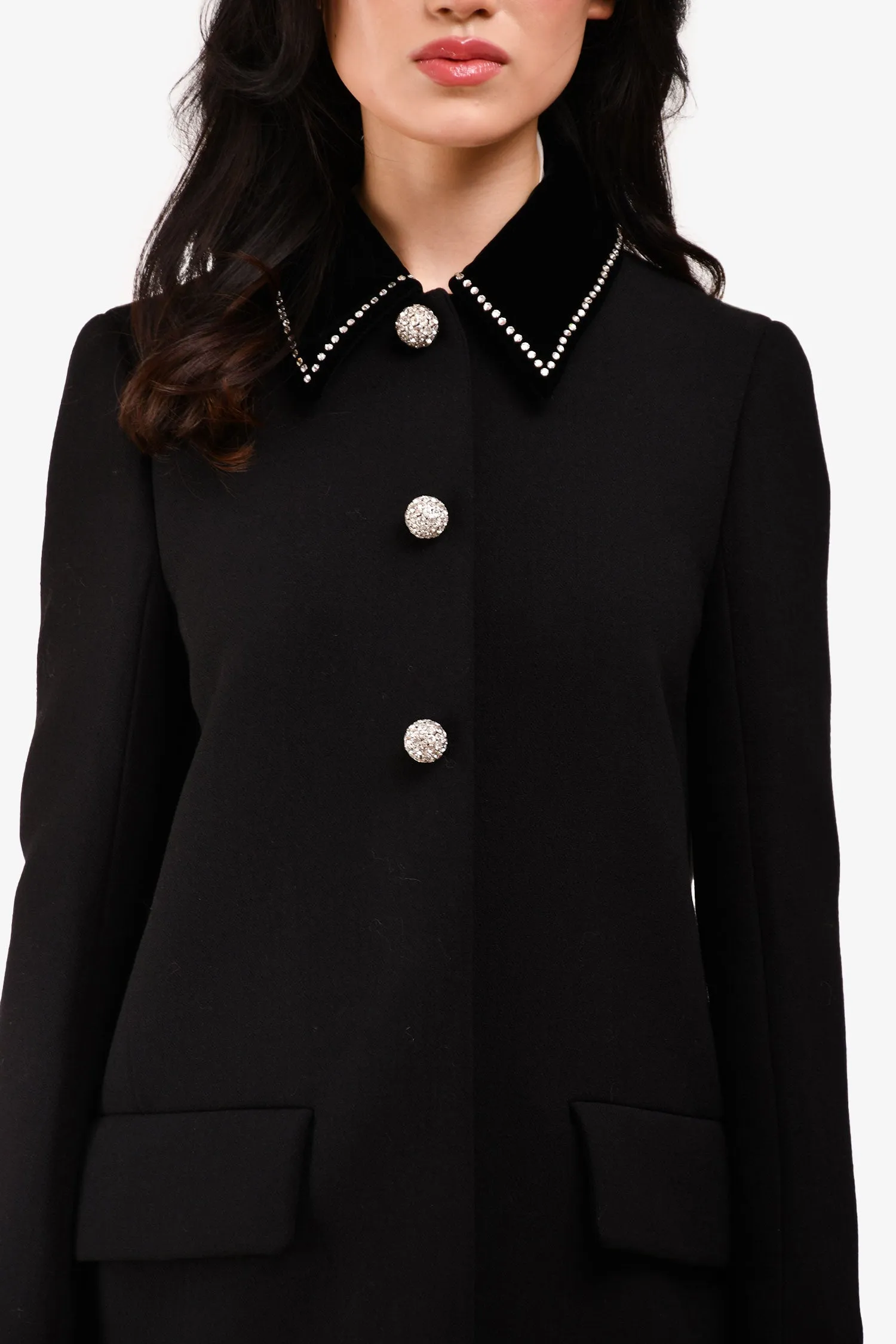 Miu Miu 2019 Black Wool/Velvet Collared Crystal Embellished Coat Size 38