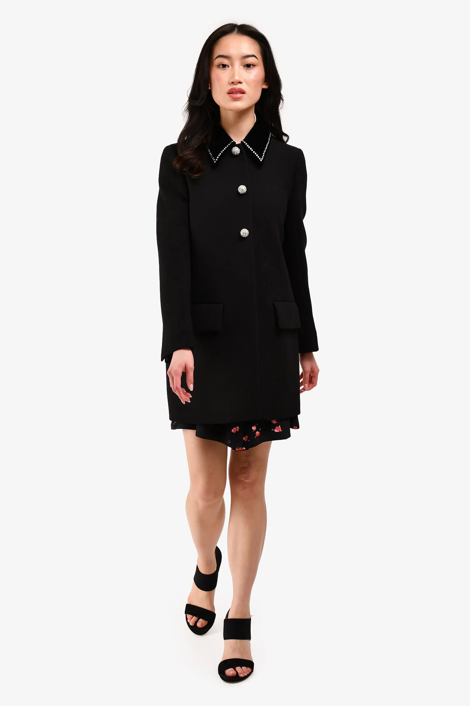 Miu Miu 2019 Black Wool/Velvet Collared Crystal Embellished Coat Size 38