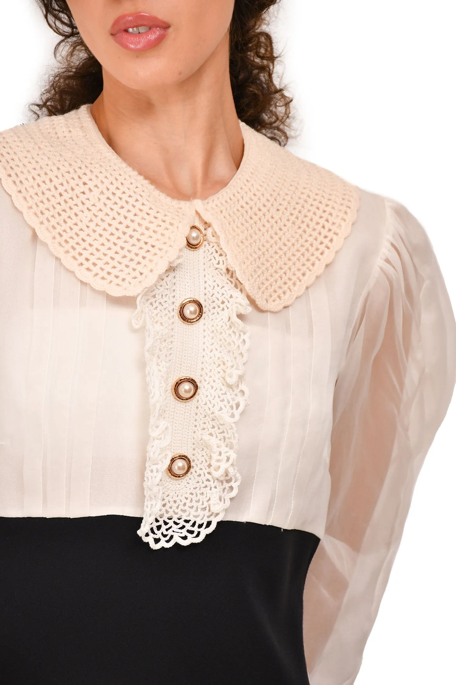 Miu Miu 2021 Black/White Crochet Peter Pan Collared Pearl Detail Dress Size 42