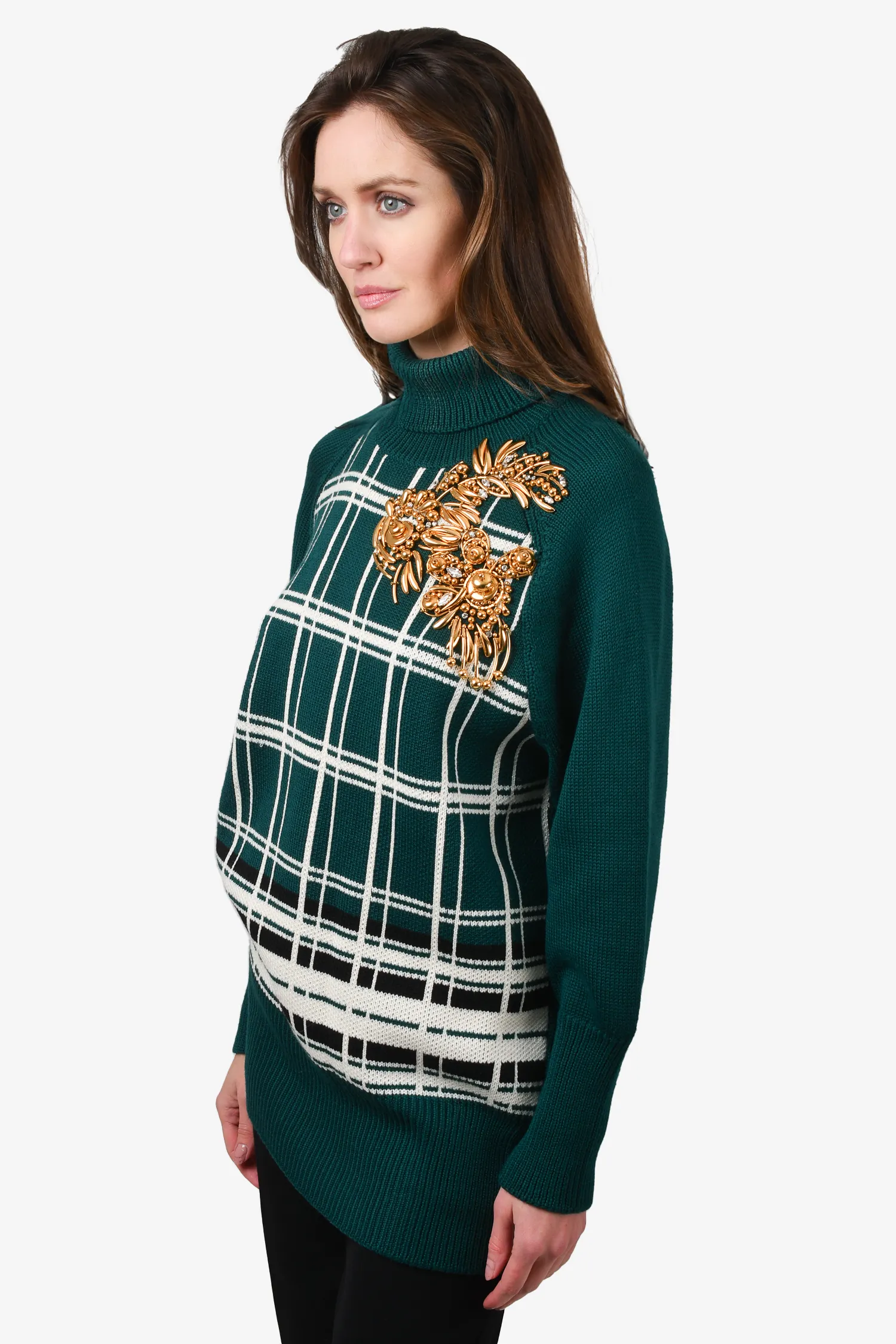 Miu Miu Green/Cream Virgin Wool Plaid Embellishment Turtleneck Dress Size 40