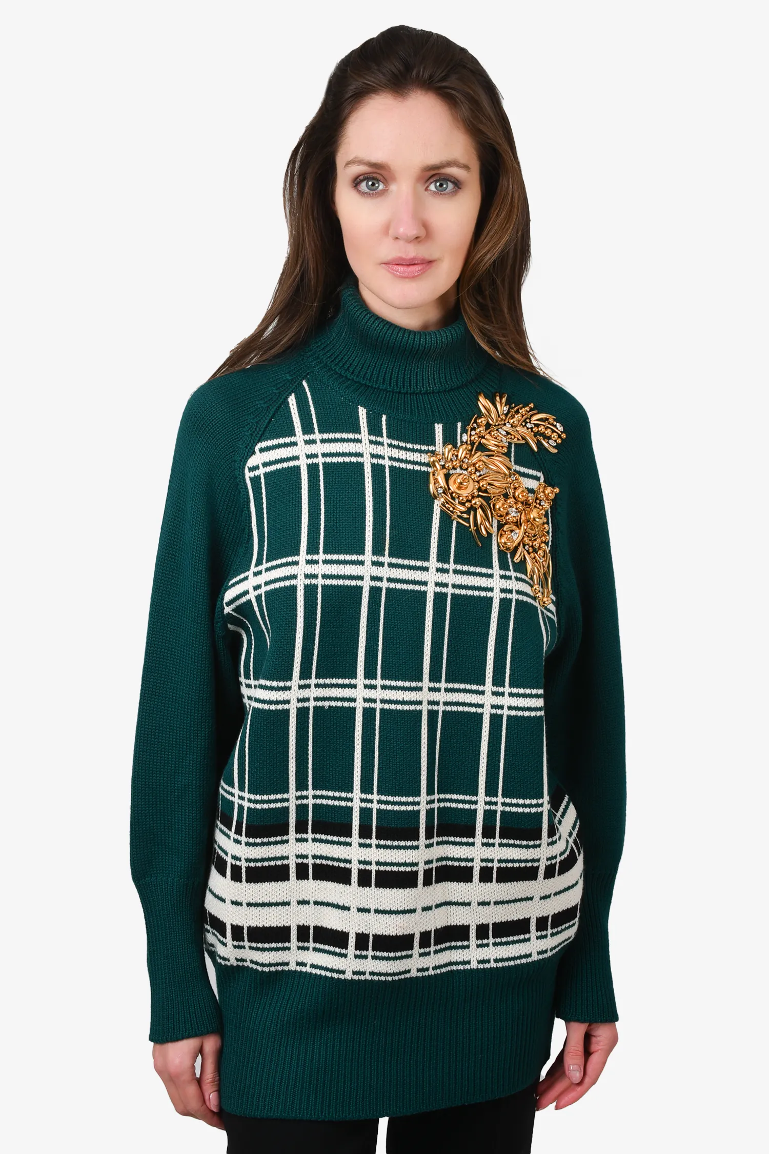 Miu Miu Green/Cream Virgin Wool Plaid Embellishment Turtleneck Dress Size 40