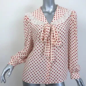 Miu Miu Lace-Trim Collared Tie-Neck Polka Dot Blouse Cream/Red Silk Size 42