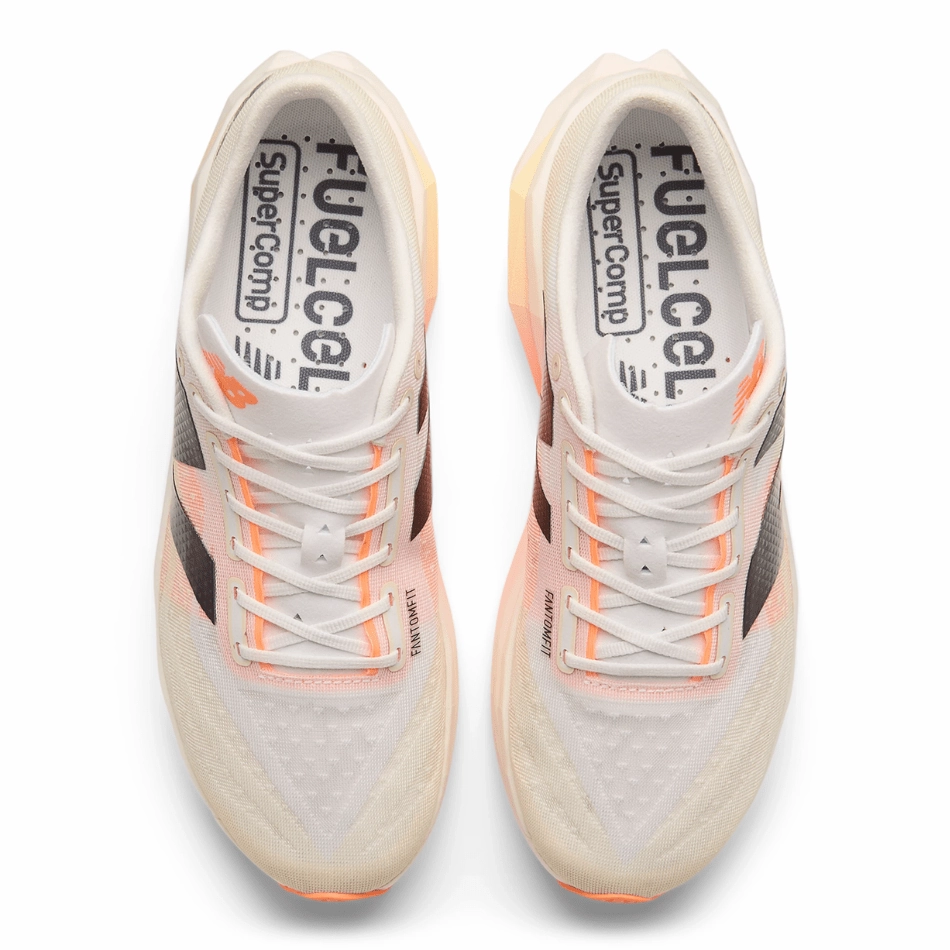 New Balance Men's FuelCell SuperComp Elite V4 Running Shoes in White/Angora/Hot Mango SS25 New Balance women's athletic footwear