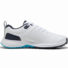 Puma Fusion Plus Spikeless Waterproof Shoes - White/Speed Blue/Deep Navy Puma golf footwear options