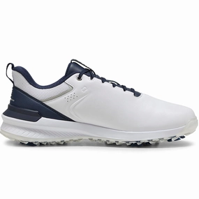 Puma IGNITE Innovate Leather Spiked Waterproof Shoes - White/Deep Navy Puma golf footwear options