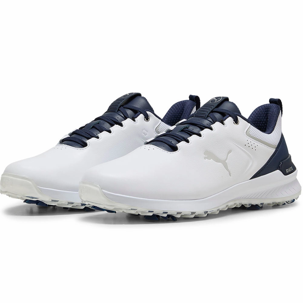 Puma IGNITE Innovate Leather Spiked Waterproof Shoes - White/Deep Navy Golf Tour Performance