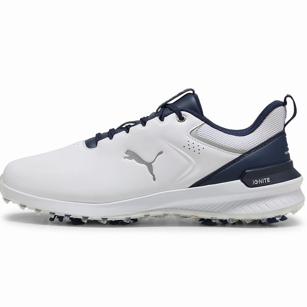 Puma IGNITE Innovate Leather Spiked Waterproof Shoes - White/Deep Navy Golf Tour Performance