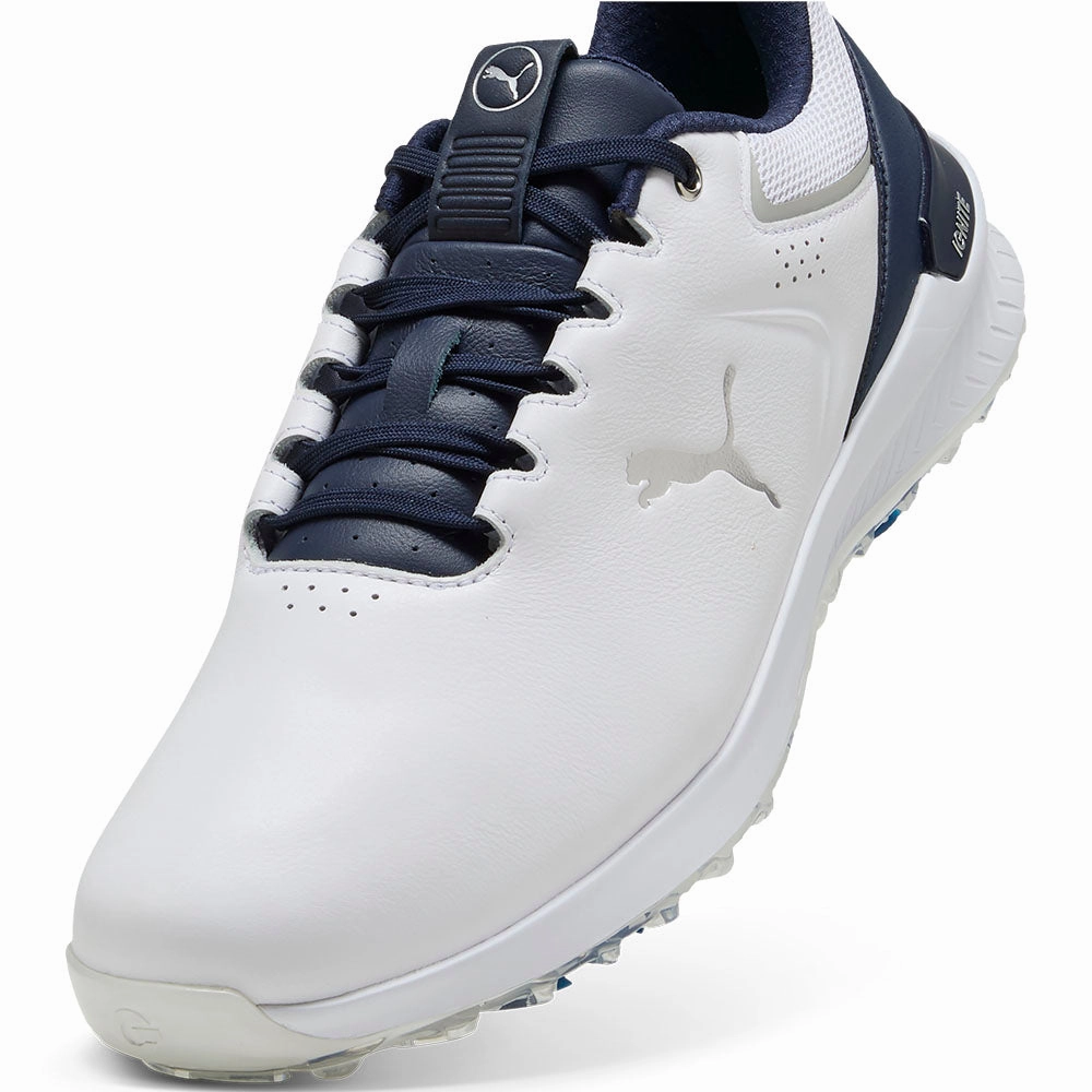 Puma IGNITE Innovate Leather Spiked Waterproof Shoes - White/Deep Navy Golf Tour Performance