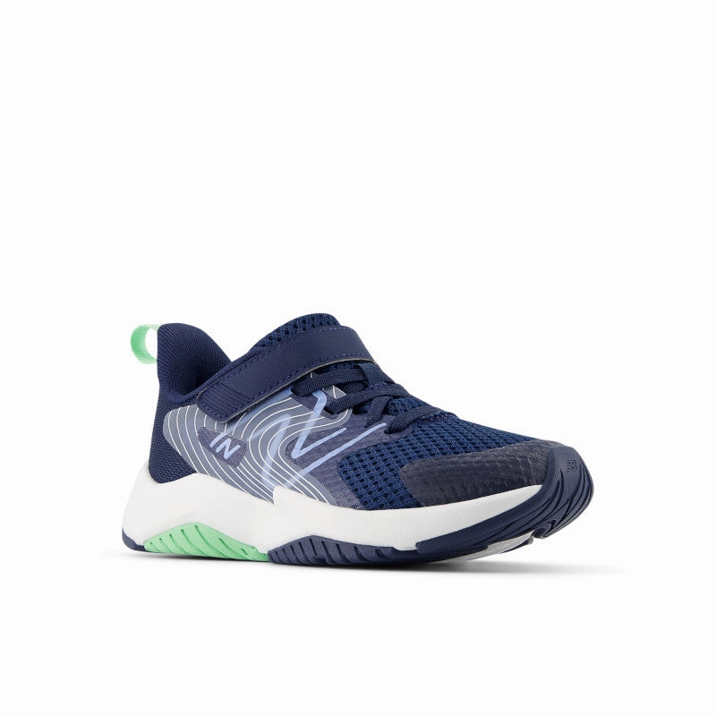 Rave Run v2 Bungee Lace with Top Strap - NB Navy with Electric Sky and Sweetgrass - Little Kids New Balance casual sneakers for everyday comfort