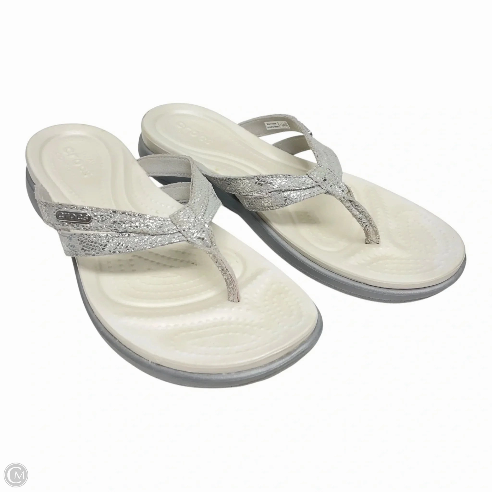 Sandals Flats By Crocs In Grey & White, Size: 9 Lightweight Clogs