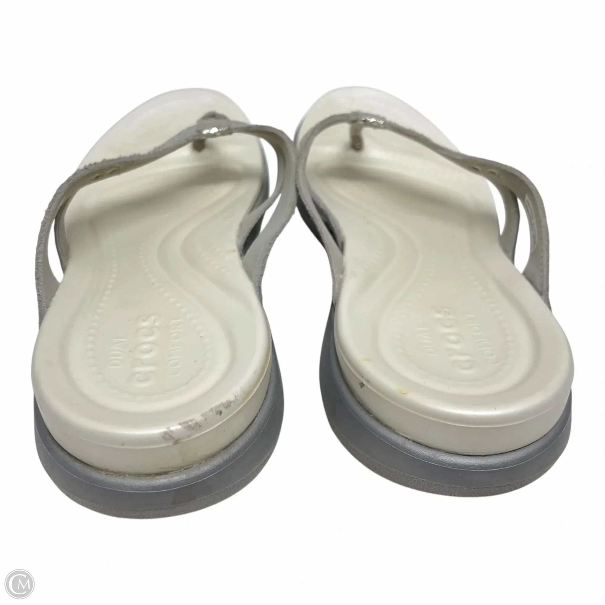 Sandals Flats By Crocs In Grey & White, Size: 9 Lightweight Clogs