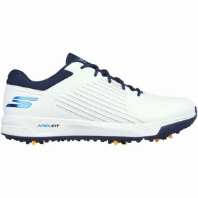 Skechers Go Golf Elite Vortex Spiked Waterproof Shoes - White/Navy/Blue Skechers golf footwear