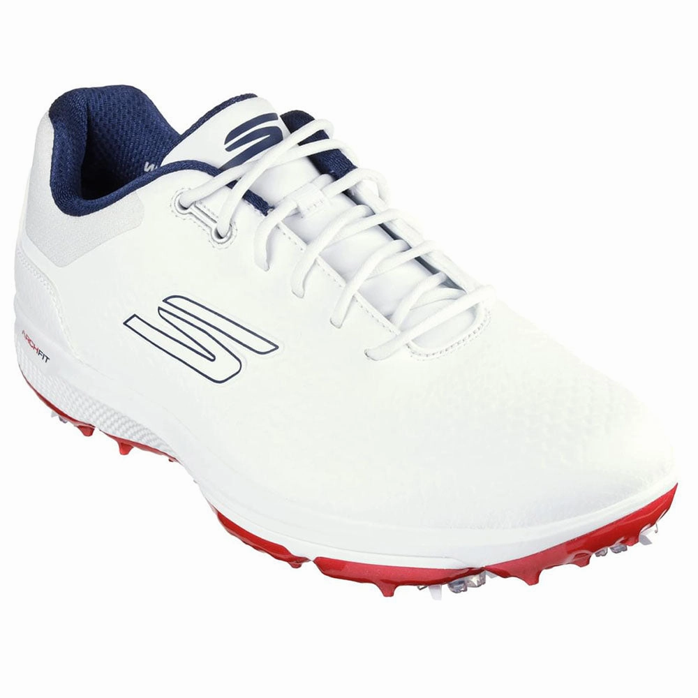 Skechers Go Golf Pro 6 Spiked Waterproof Shoes - White/Navy/Red Classic Golf Footwear