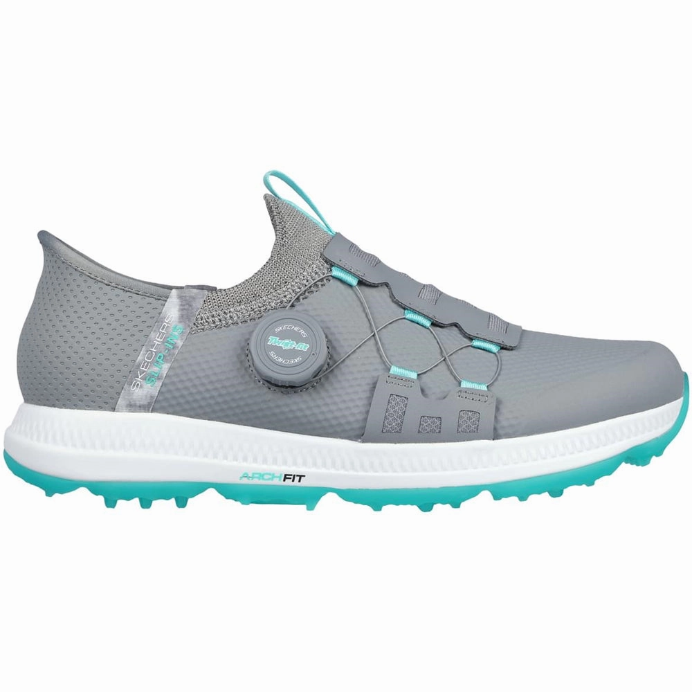 Skechers Ladies Go Golf Elite 5 Slip-In Twist Fit Waterproof Spikeless Shoes - Grey/Aqua Skechers golf footwear