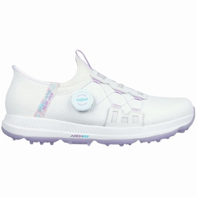 Skechers Ladies Go Golf Elite 5 Slip-In Twist Fit Waterproof Spikeless Shoes - White/Lavender Skechers golf footwear