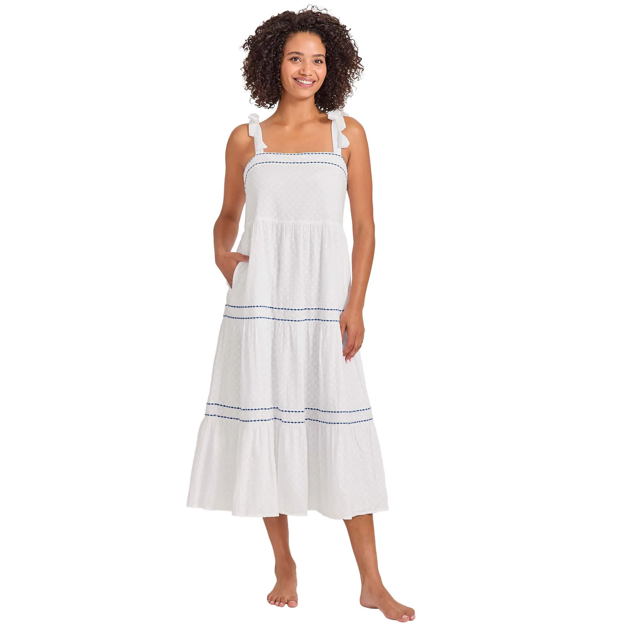 Tommy Bahama Cotton Clip Square Neck Tiered Midi Dress Cover Up - White Tommy Bahama Clothing