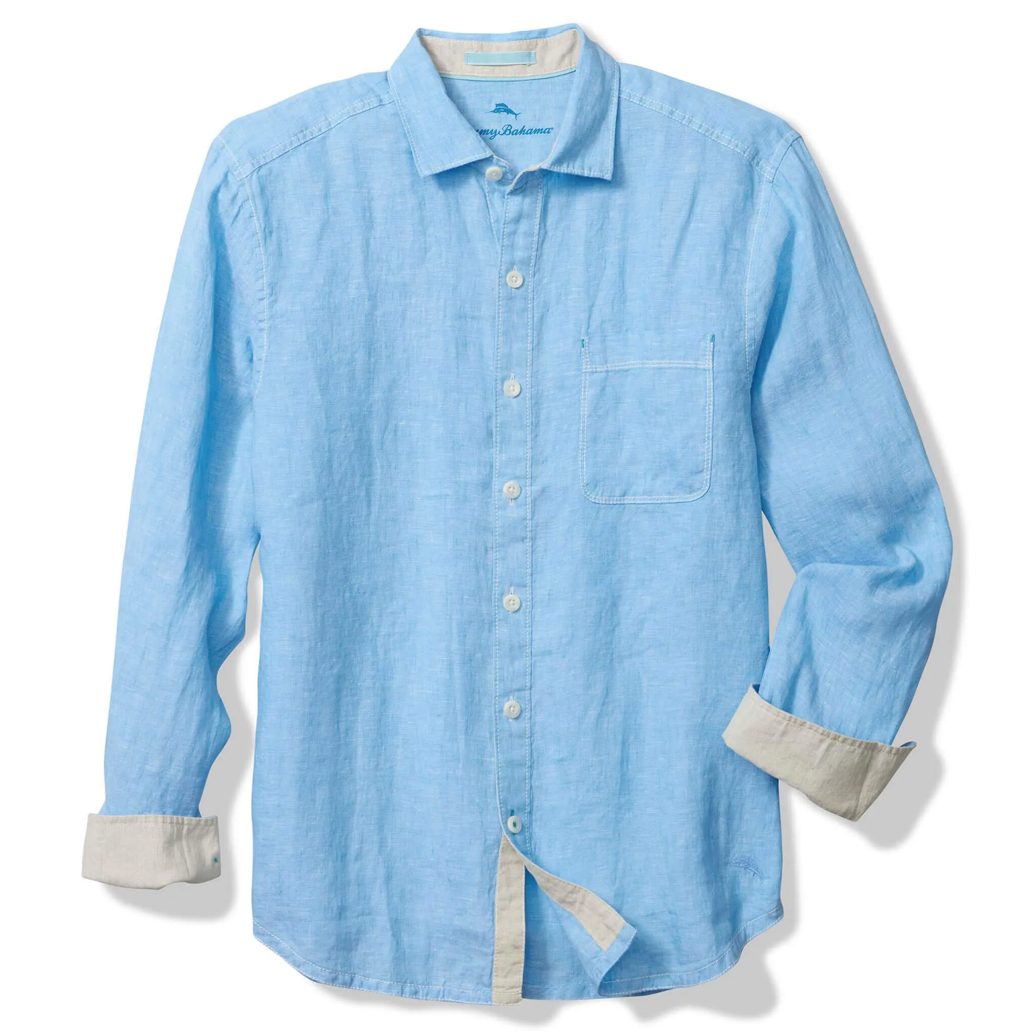 Tommy Bahama Men's Paradise Breezer Long Sleeve Linen Sport Shirt - Glass Bead Blue Mens Tommy Bahama