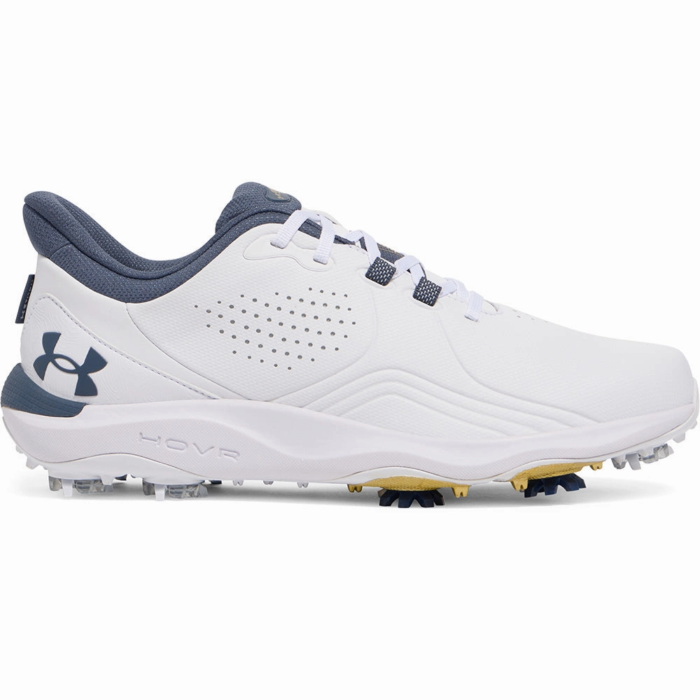 Under Armour Drive Pro Spiked Waterproof Shoes - White/Metallic Gold/Downpour Grey Under Armour golf footwear styles