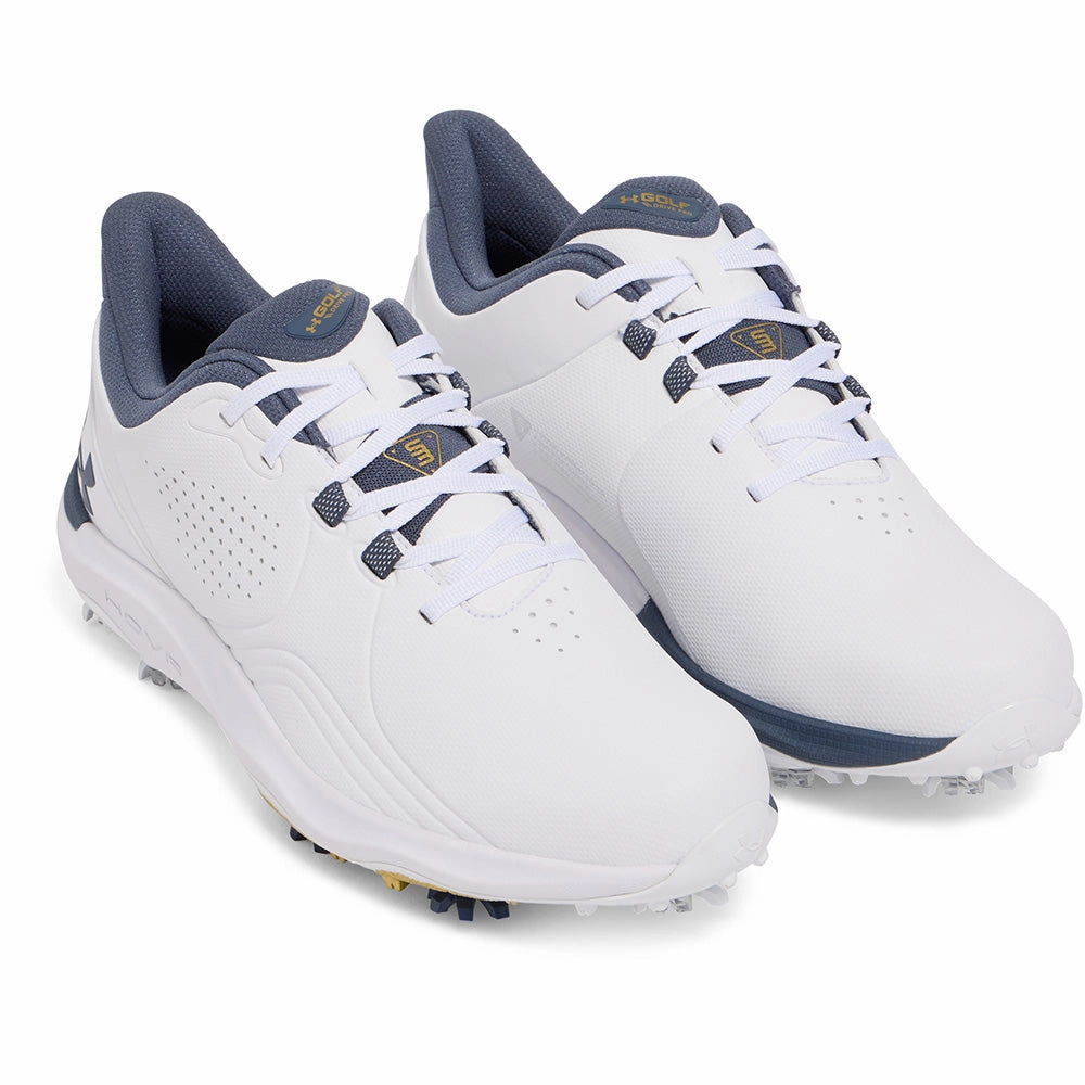 Under Armour Drive Pro Spiked Waterproof Shoes - White/Metallic Gold/Downpour Grey Performance Golf Trainers