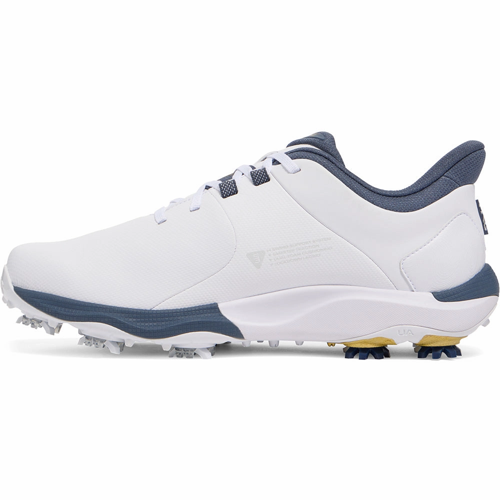 Under Armour Drive Pro Spiked Waterproof Shoes - White/Metallic Gold/Downpour Grey Performance Golf Trainers