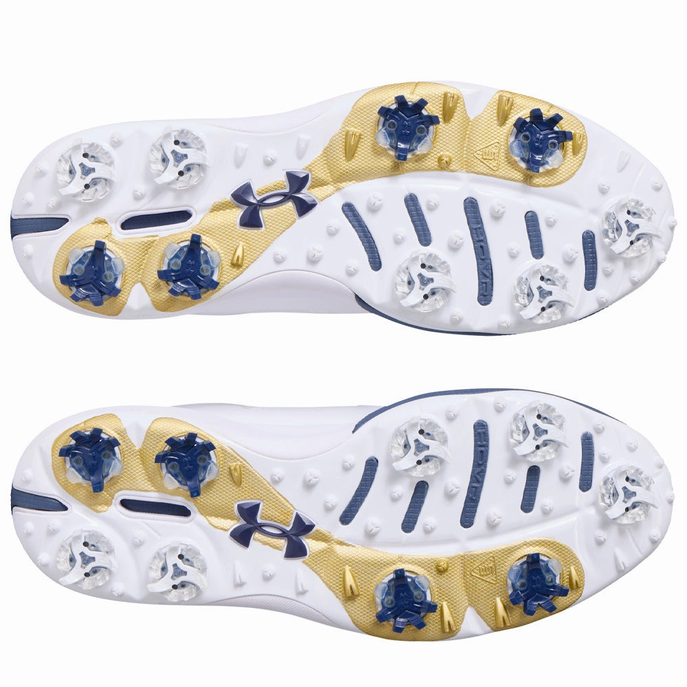 Under Armour Drive Pro Spiked Waterproof Shoes - White/Metallic Gold/Downpour Grey Performance Golf Trainers