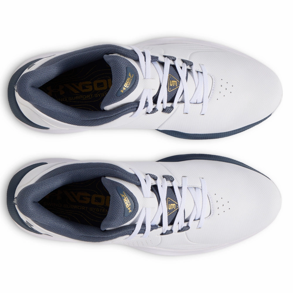 Under Armour Drive Pro Spiked Waterproof Shoes - White/Metallic Gold/Downpour Grey Performance Golf Trainers