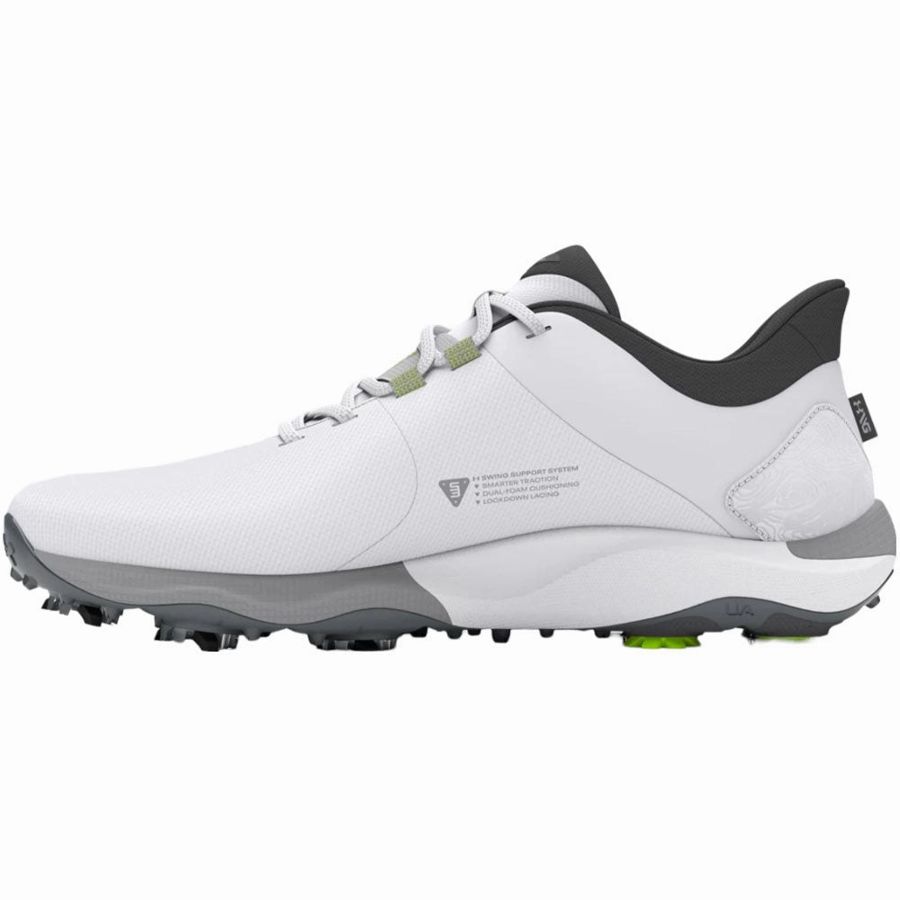 Under Armour Drive Pro Spiked Waterproof Shoes - White/White/Metallic Gun M Performance Golf Trainers