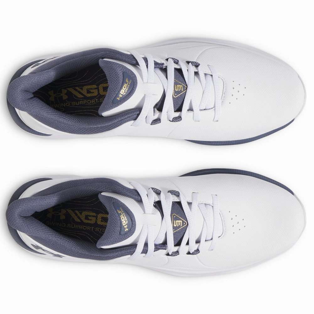 Under Armour Drive Pro Spikeless Waterproof Shoes - White/Metallic Gold/Downpour Grey Performance Golf Trainers