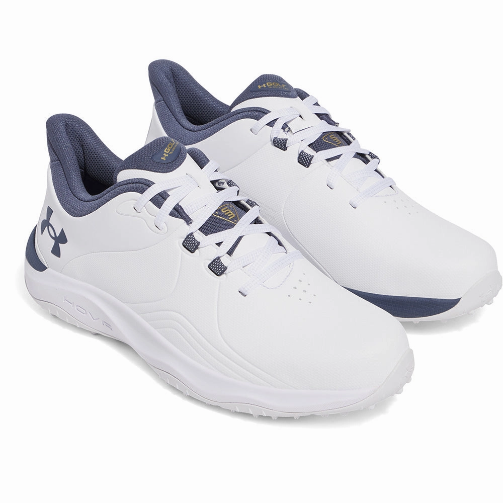 Under Armour Drive Pro Spikeless Waterproof Shoes - White/Metallic Gold/Downpour Grey Performance Golf Trainers
