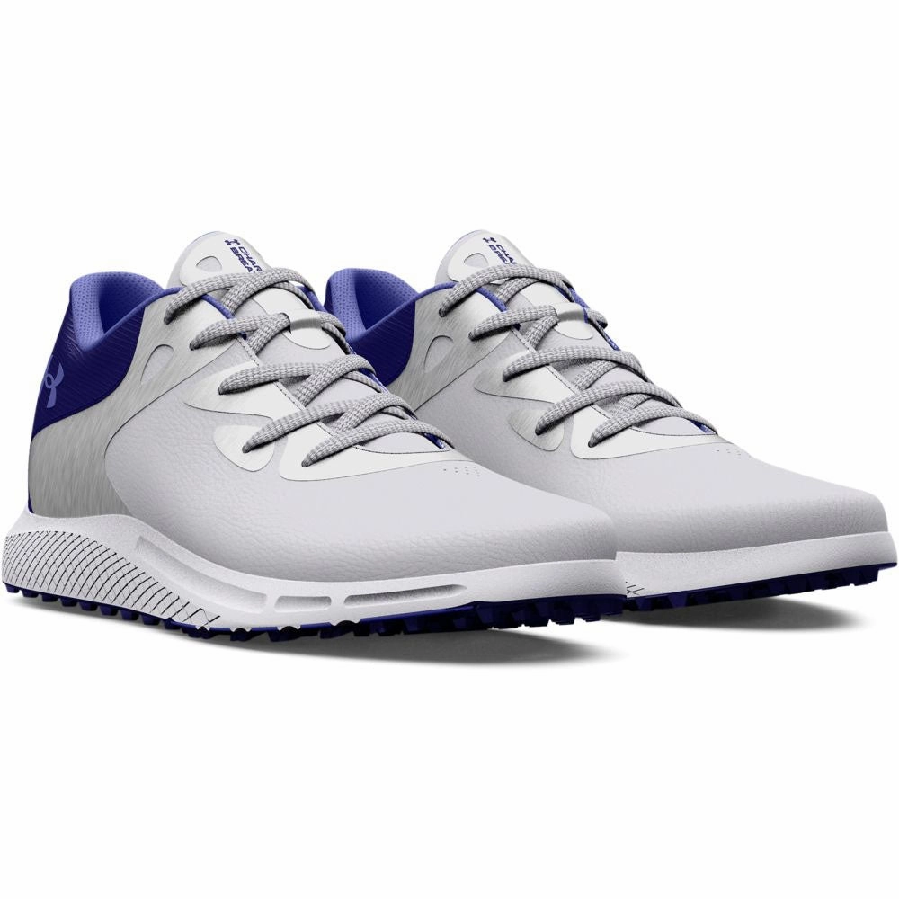 Under Armour Ladies Charged Breathe 2 Spikeless Shoes - White/Metallic Silver/Baja Blue Performance Golf Trainers