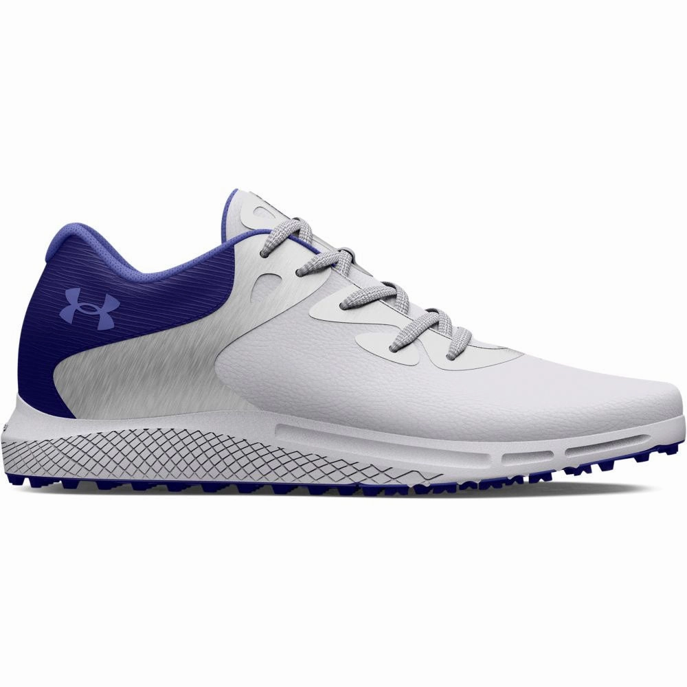 Under Armour Ladies Charged Breathe 2 Spikeless Shoes - White/Metallic Silver/Baja Blue Under Armour golf footwear styles