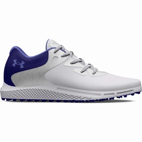 Under Armour Ladies Charged Breathe 2 Spikeless Shoes - White/Metallic Silver/Baja Blue Under Armour golf footwear styles