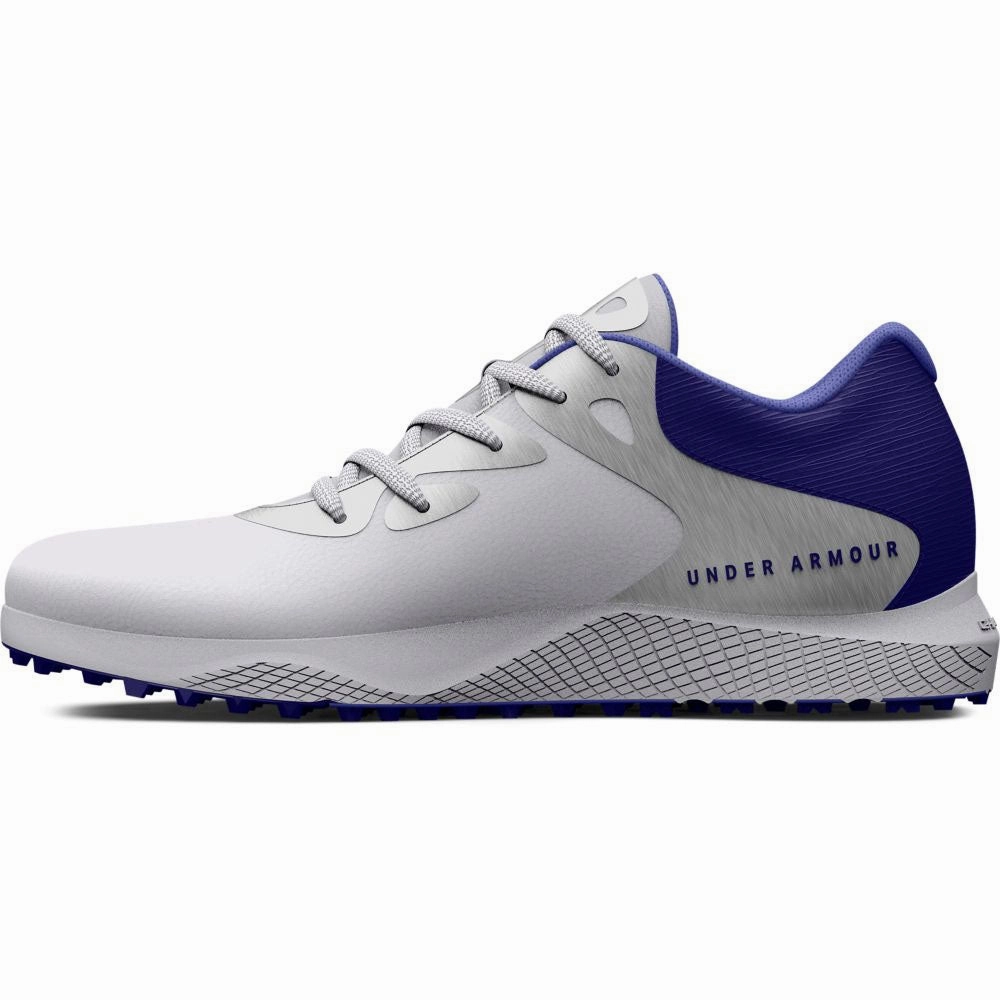 Under Armour Ladies Charged Breathe 2 Spikeless Shoes - White/Metallic Silver/Baja Blue Performance Golf Trainers