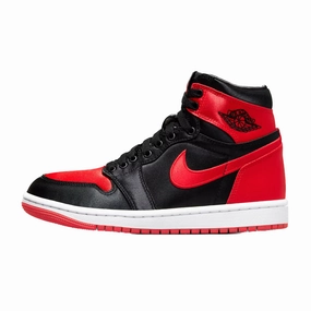 Women's Jordan 1 Retro High OG Satin Bred Black University Red White Air Jordan basketball shoes with classic look